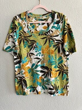 Chico’s Tropical Shirt Top Green Multicolor Short Sleeve Size 2/L